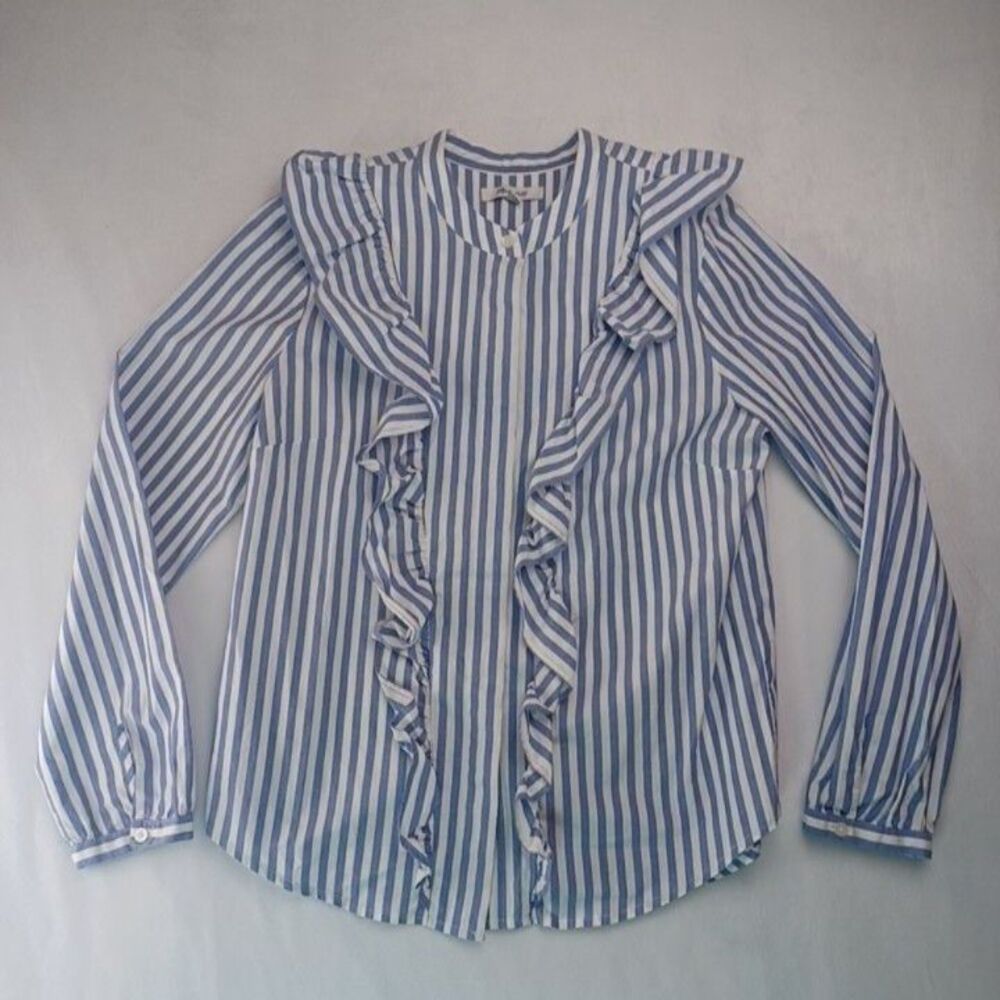 Madewell Blouse Womens sz Small Blue White Striped Ruffle Button Long Sleeve
